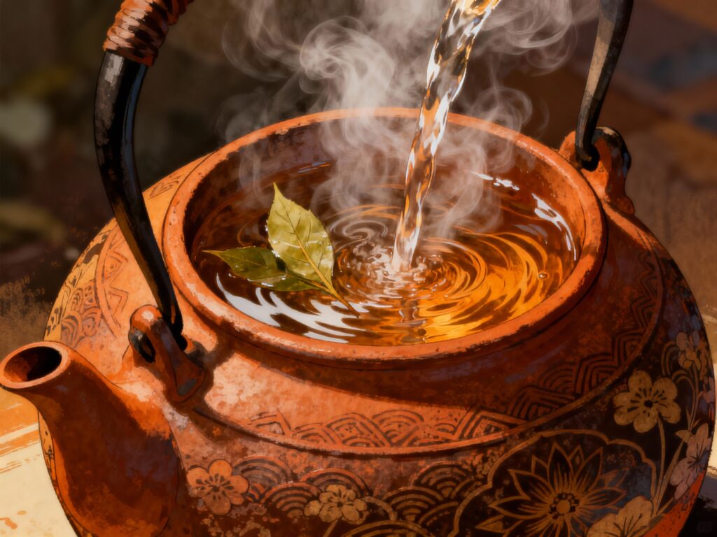 熱水沖入茶壺，第一泡茶的香氣瞬間釋放