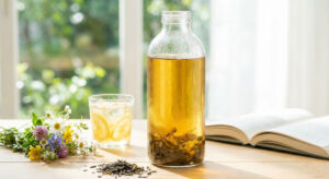 自製冷泡茶裝在玻璃瓶中，色澤金黃透亮，夏日消暑健康飲品