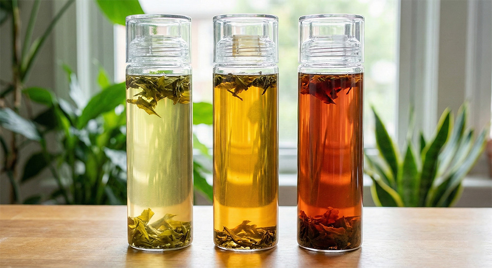 綠茶、烏龍茶與紅茶的冷泡茶湯色澤比較，發酵程度不同影響茶湯顏色與浸泡時間