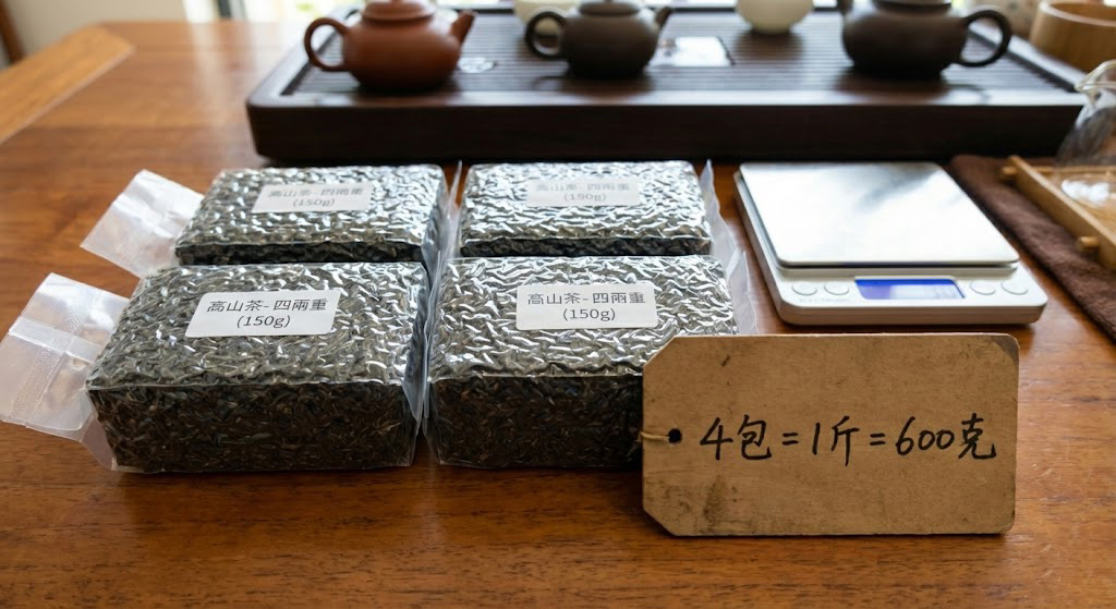 台灣茶葉包裝規格，四包150公克茶葉等於一台斤