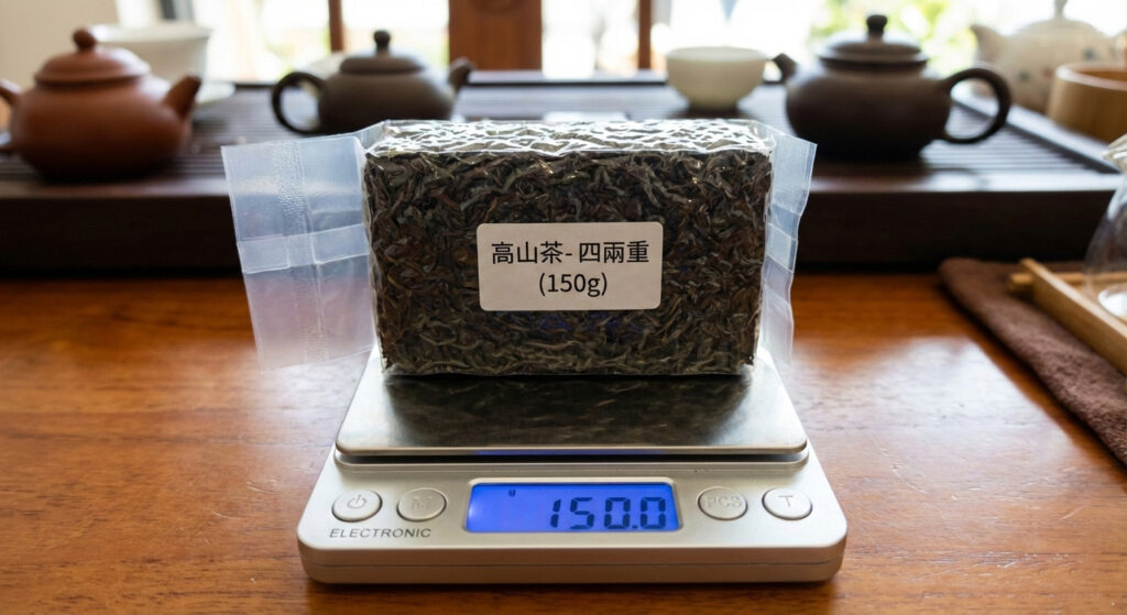 茶葉重量換算教學，電子秤顯示150公克等於四兩茶葉