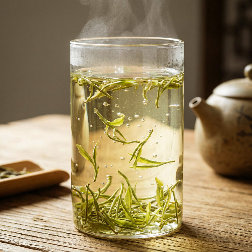 透明玻璃杯使用上投法沖泡碧螺春，茶葉舒展如舞