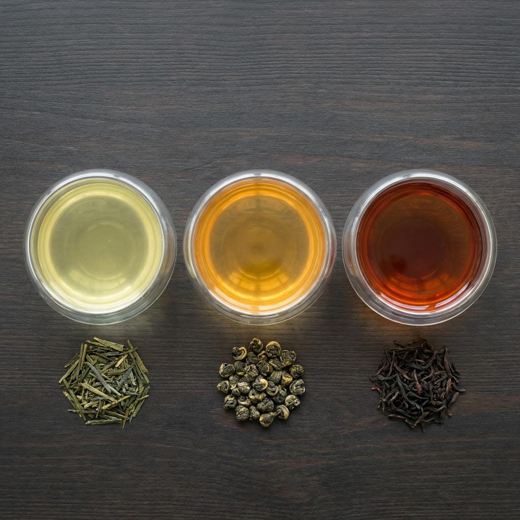 綠茶、烏龍茶與紅茶茶湯顏色對比，發酵工藝會改變單寧酸的組成與濃度