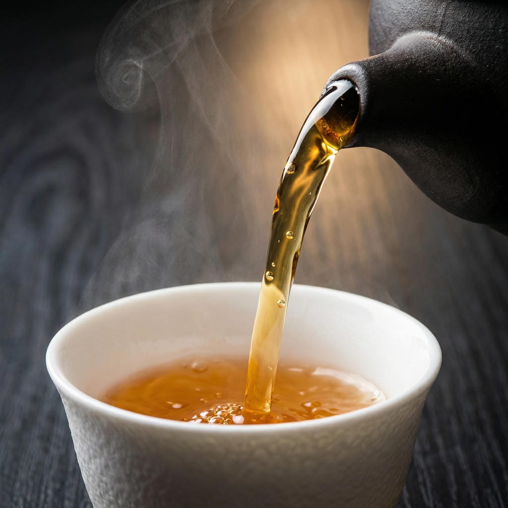 逆光打透展現出富含單寧酸與多酚物質的透亮金黃琥珀色茶湯質感