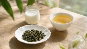 金萱茶(台茶12號)茶葉與金黃茶湯的天然奶香