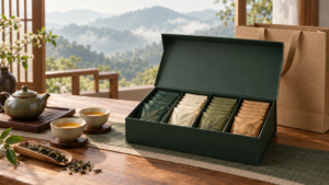 台灣茶葉禮盒搭配四款原片茶包與山景茶席
